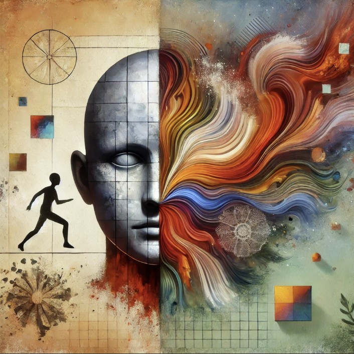 L'image évoque la coupure entre un corps figé et un monde intérieur fragmenté, en lien avec la dissociation traumatique.